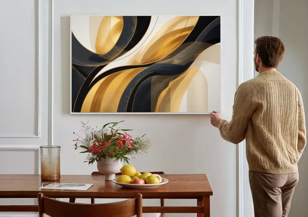 Elegant Geometry Black and Gold Abstract canvas wall art above a dining table