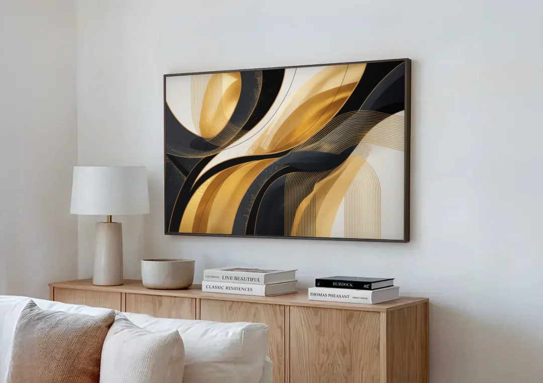 Elegant Geometry Black and Gold Abstract canvas wall art above a wooden sideboard next to a sofa