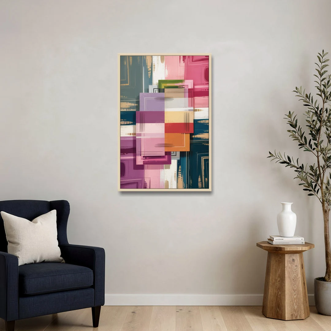 Elegant Geometry in Pink Abstract - Oak Framed Canvas Wall Art - Sofa - 24x36