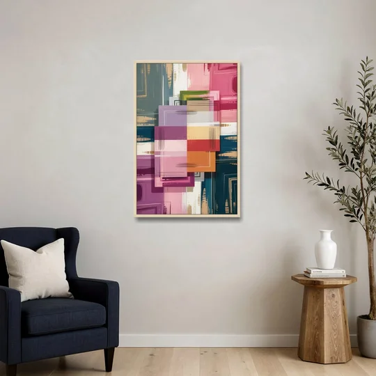 Elegant Geometry in Pink Abstract - Oak Framed Canvas Wall Art - Sofa - 24x36