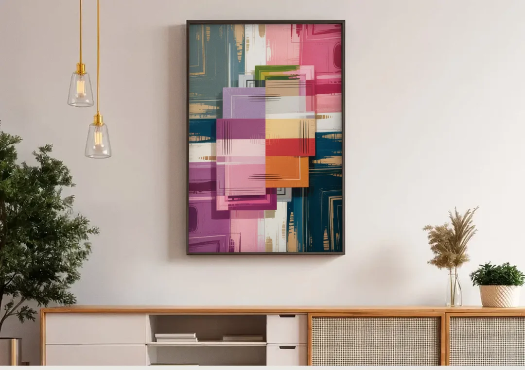 Elegant Geometry in Pink Abstract canvas wall art above a wooden sideboard under pendant lights