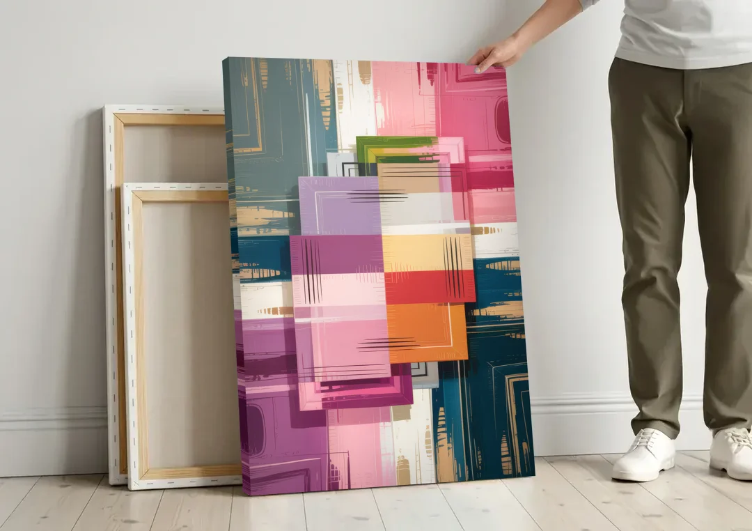 Elegant Geometry in Pink Abstract canvas wall art leaning against a wall next to blank canvases