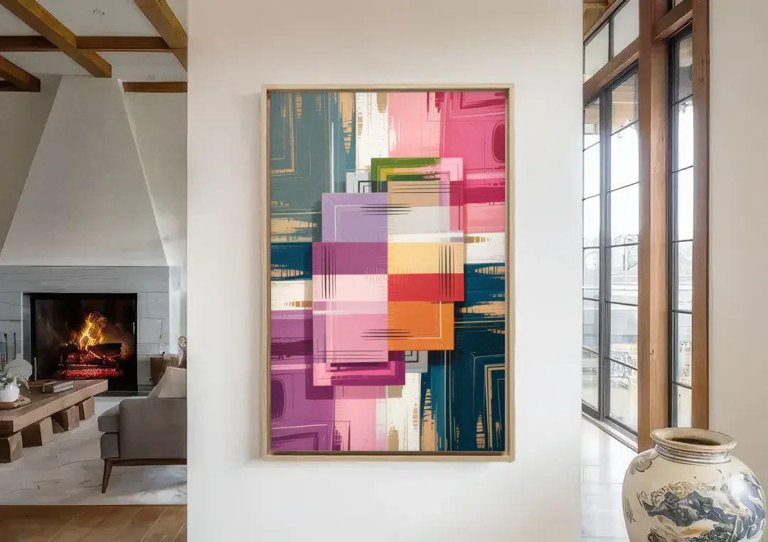 Elegant Geometry in Pink Abstract canvas wall art in a living room with a fireplace