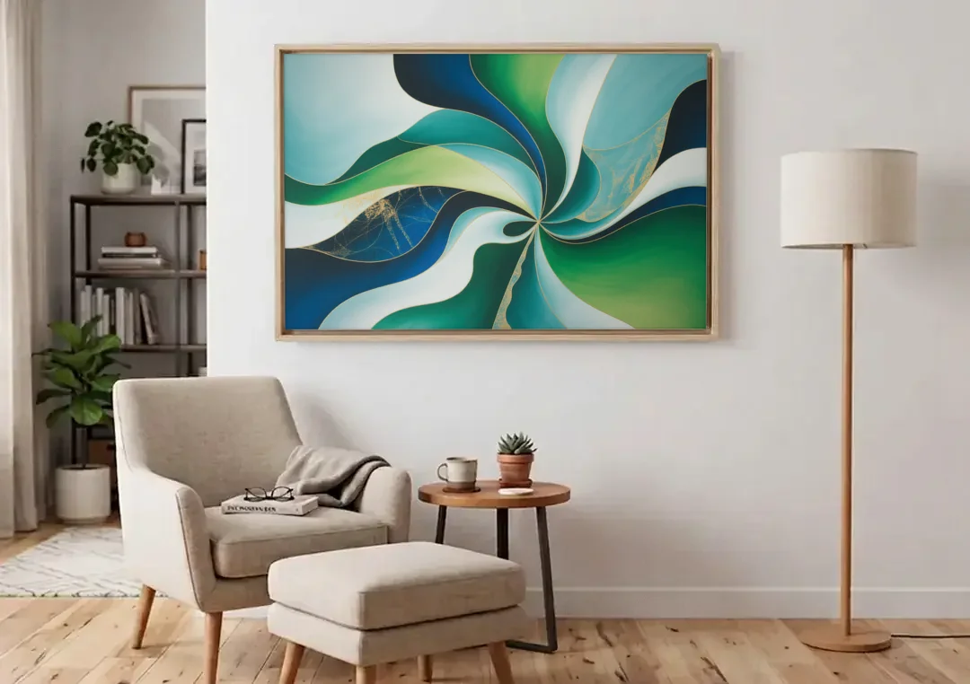 Elegant Harmony Blue and Green Abstract canvas wall art above an armchair in a bright living room