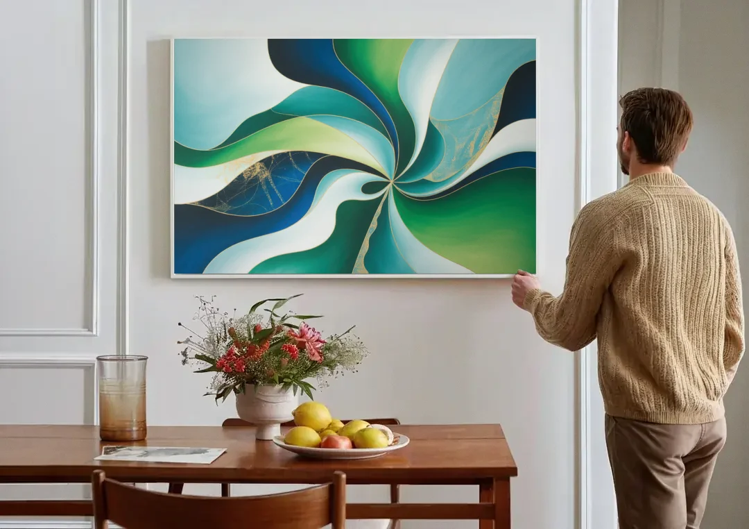 Elegant Harmony Blue and Green Abstract canvas wall art above a dining table