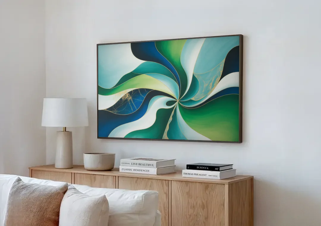 Elegant Harmony Blue and Green Abstract canvas wall art above a wooden sideboard next to a sofa