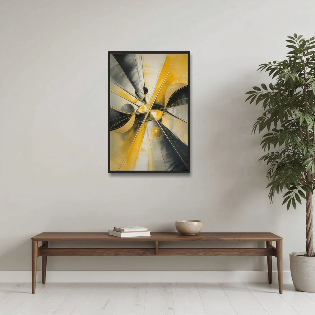 Elegant Harmony Yellow and Grey Abstract - Black Framed Canvas Wall Art - Coffee Table - 24x36