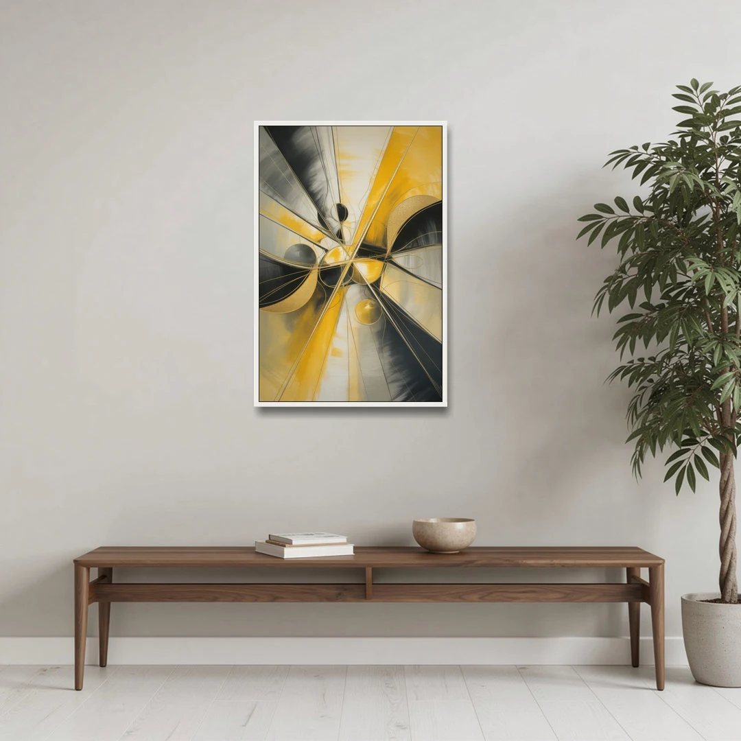 Elegant Harmony Yellow and Grey Abstract - White Framed Canvas Wall Art - Coffee Table - 24x36