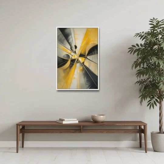 Elegant Harmony Yellow and Grey Abstract - White Framed Canvas Wall Art - Coffee Table - 24x36