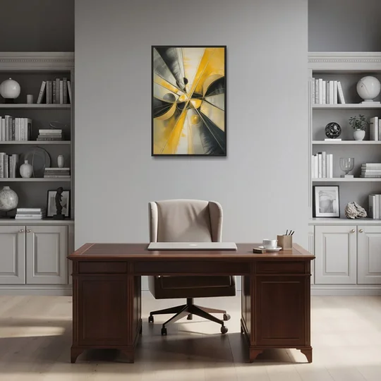 Elegant Harmony Yellow and Grey Abstract - Black Framed Canvas Wall Art - Office - 24x36