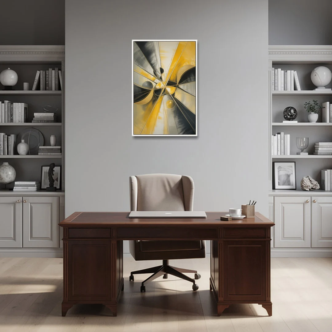 Elegant Harmony Yellow and Grey Abstract - White Framed Canvas Wall Art - Office - 24x36