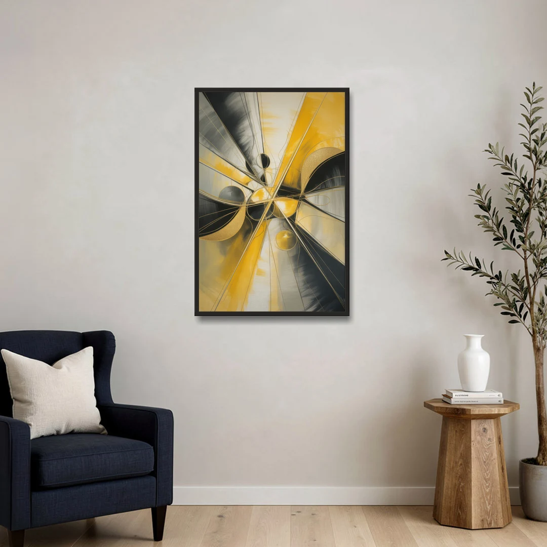 Elegant Harmony Yellow and Grey Abstract - Black Framed Canvas Wall Art - Sofa - 24x36