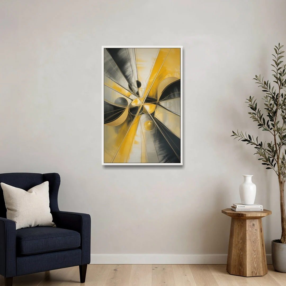 Elegant Harmony Yellow and Grey Abstract - White Framed Canvas Wall Art - Sofa - 24x36