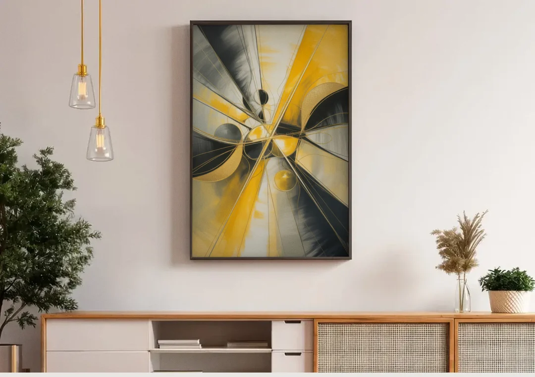 Elegant Harmony Yellow and Grey Abstract canvas wall art above a wooden sideboard under pendant lights