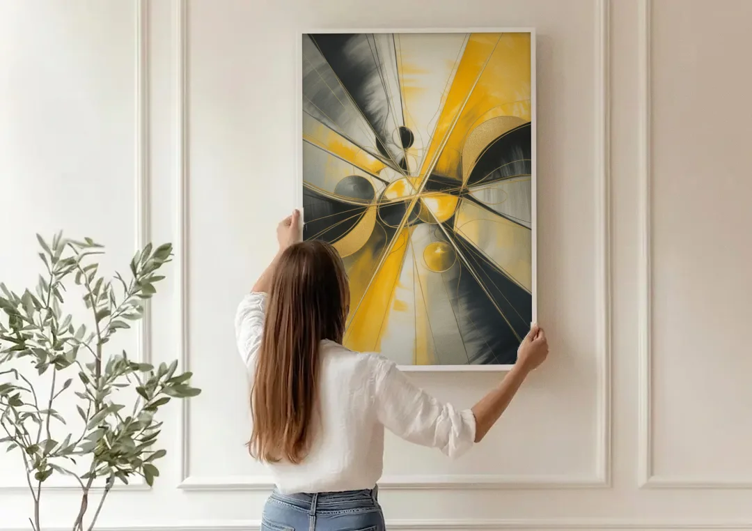 Elegant Harmony Yellow and Grey Abstract canvas wall art being hung on a paneled wall