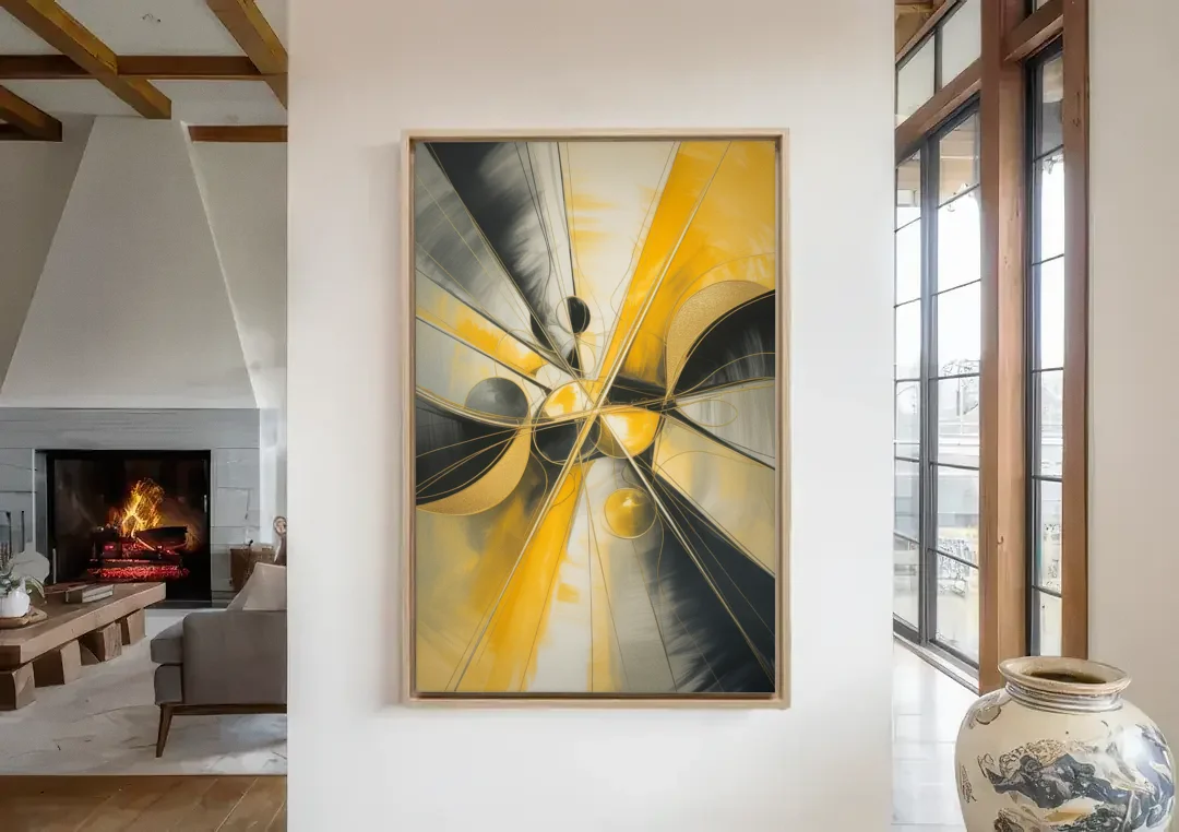 Elegant Harmony Yellow and Grey Abstract canvas wall art in a living room with a fireplace