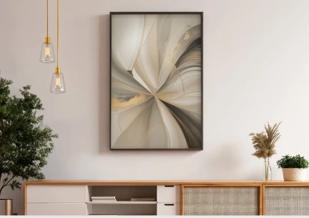 Elegant Interplay Beige Abstract canvas wall art above a wooden sideboard under pendant lights
