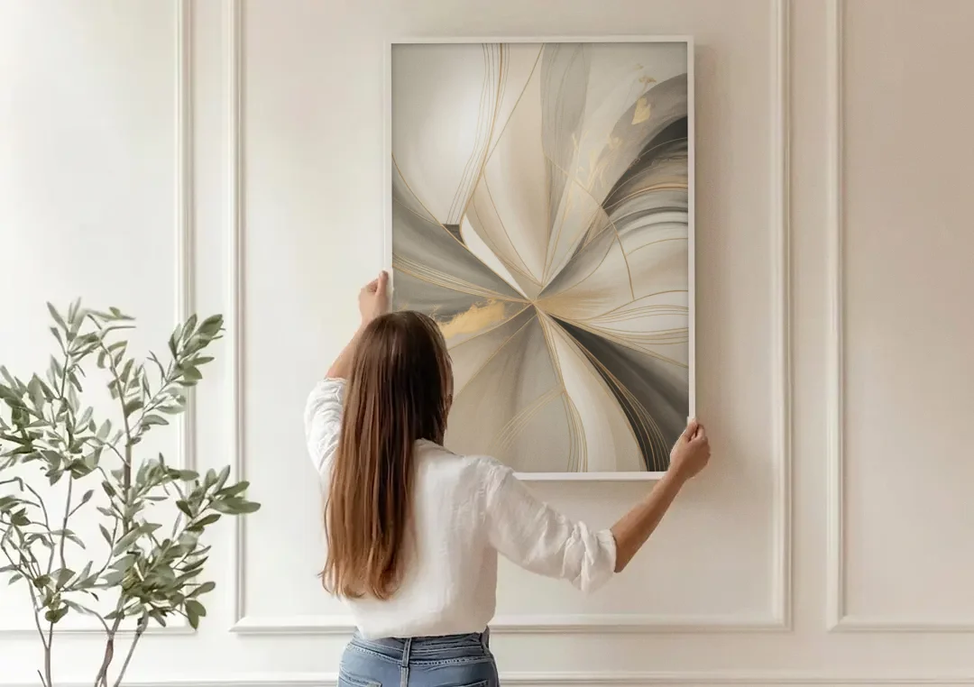 Elegant Interplay Beige Abstract canvas wall art being hung on a paneled wall