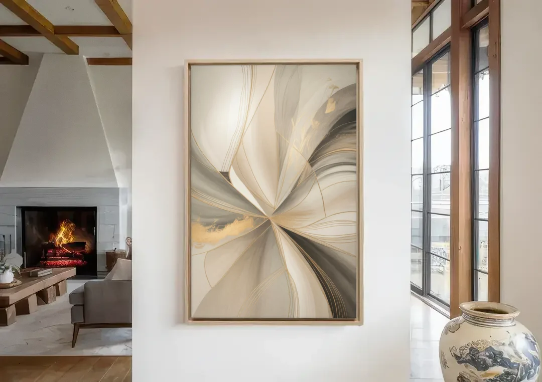 Elegant Interplay Beige Abstract canvas wall art in a living room with a fireplace