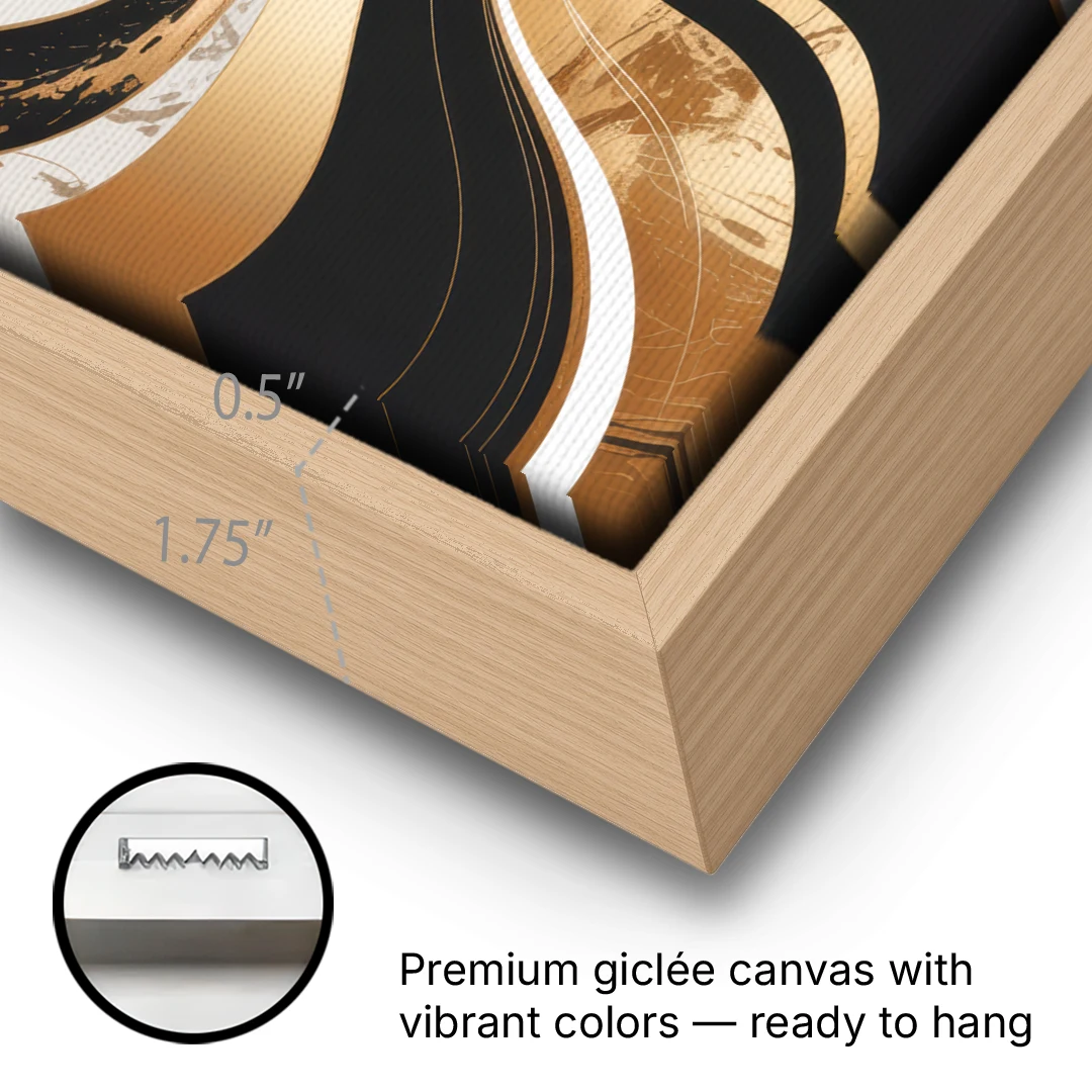 Elegant Interplay Black White and Gold Abstract - Oak Framed Canvas Wall Art - Gallery Wrap Corner