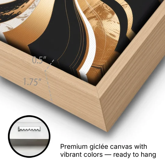 Elegant Interplay Black White and Gold Abstract - Oak Framed Canvas Wall Art - Gallery Wrap Corner