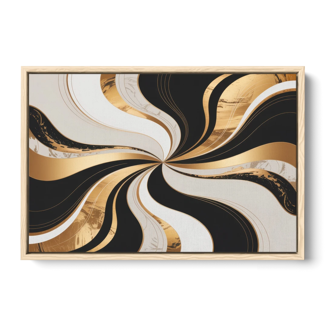 Elegant Interplay Black White and Gold Abstract - Oak Framed Canvas Wall Art - Front