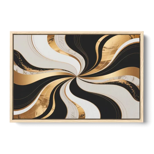 Elegant Interplay Black White and Gold Abstract - Oak Framed Canvas Wall Art - Front