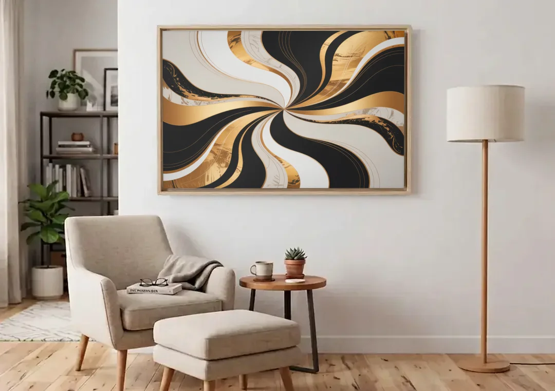 Elegant Interplay Black White and Gold Abstract canvas wall art above an armchair in a bright living room
