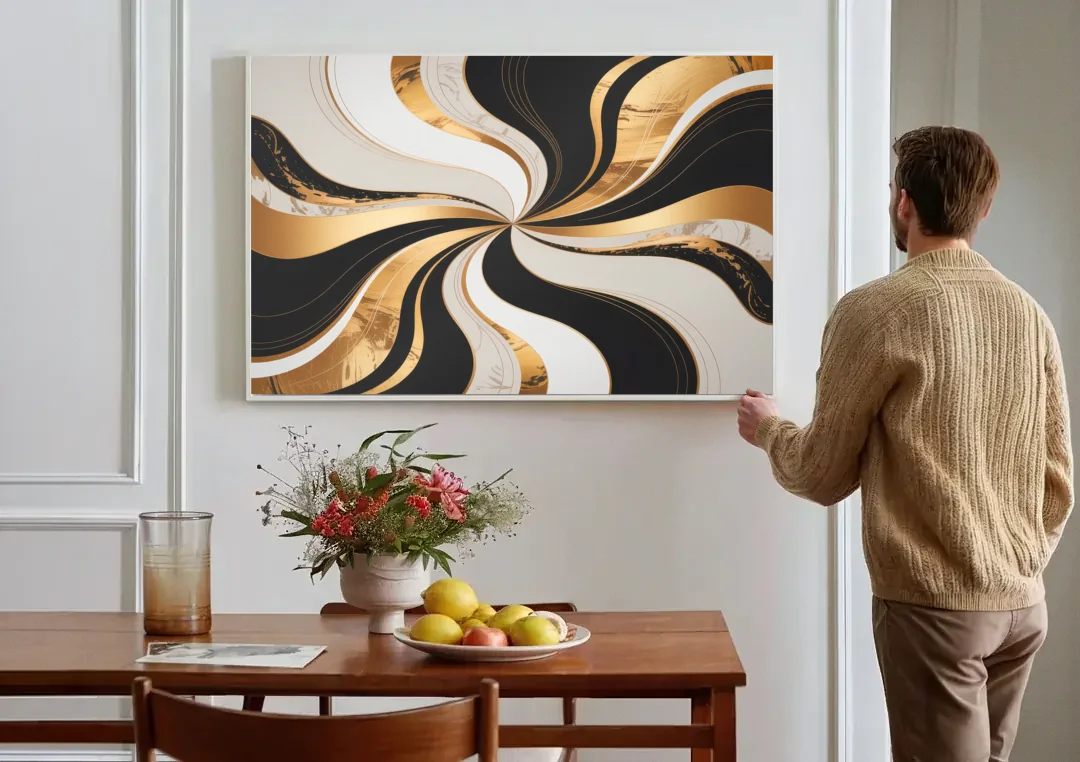 Elegant Interplay Black White and Gold Abstract canvas wall art above a dining table