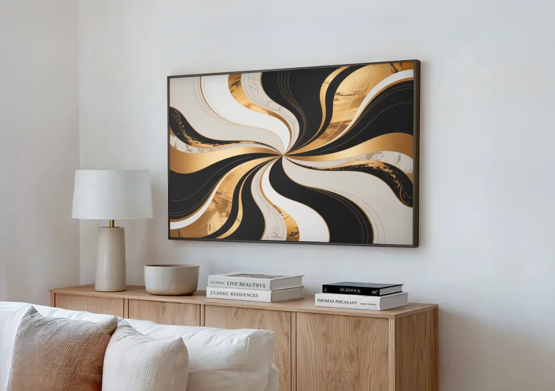 Elegant Interplay Black White and Gold Abstract canvas wall art above a wooden sideboard next to a sofa
