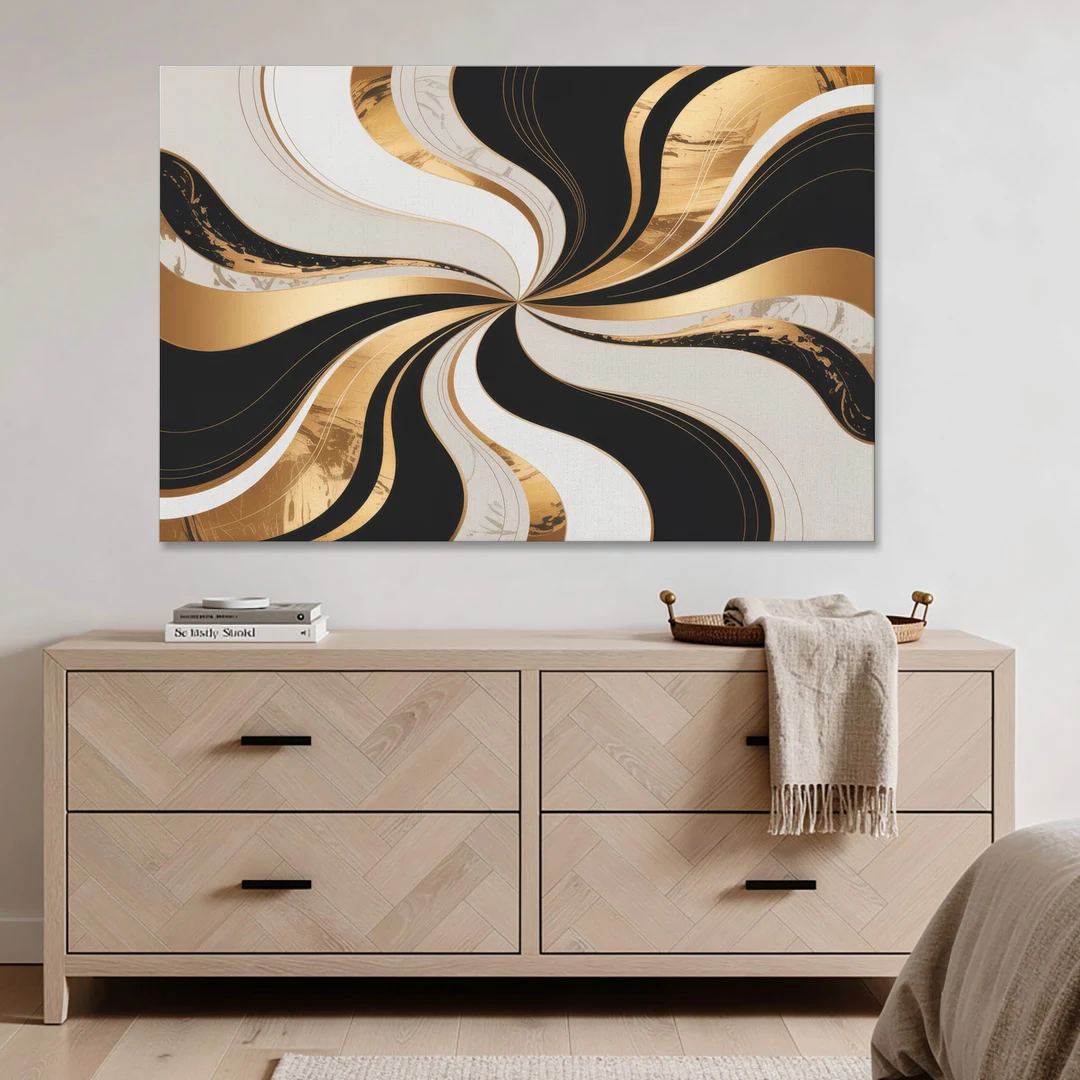 Elegant Interplay Black White and Gold Abstract - Canvas Wall Art - Coffee Table - 60x40