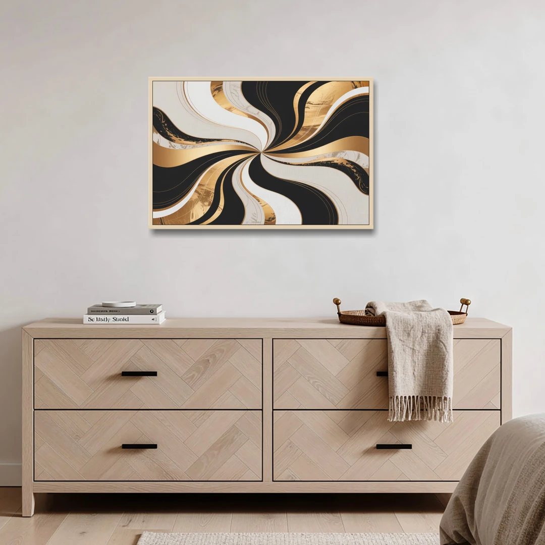 Elegant Interplay Black White and Gold Abstract - Oak Framed Canvas Wall Art - Coffee Table - 36x24