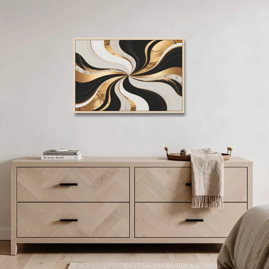 Elegant Interplay Black White and Gold Abstract - Oak Framed Canvas Wall Art - Coffee Table - 36x24