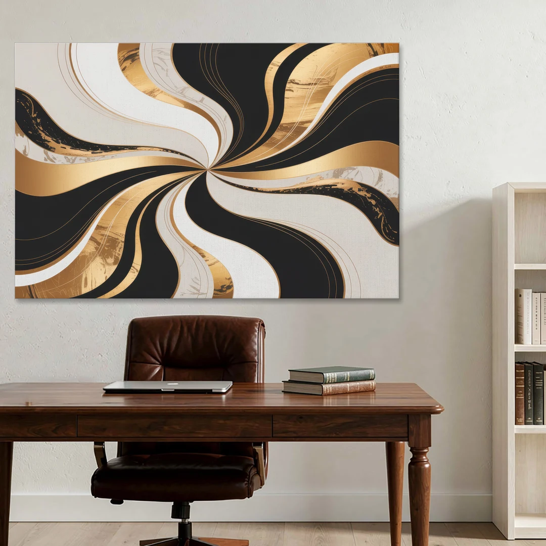 Elegant Interplay Black White and Gold Abstract - Canvas Wall Art - Office - 60x40