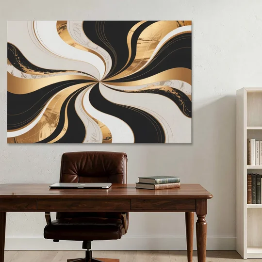 Elegant Interplay Black White and Gold Abstract - Canvas Wall Art - Office - 60x40