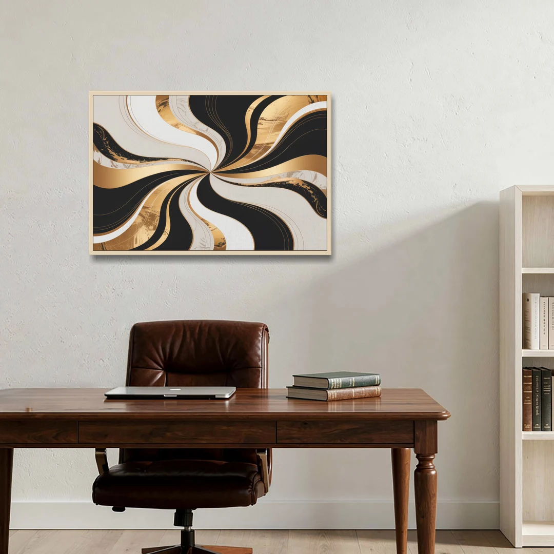 Elegant Interplay Black White and Gold Abstract - Oak Framed Canvas Wall Art - Office - 36x24
