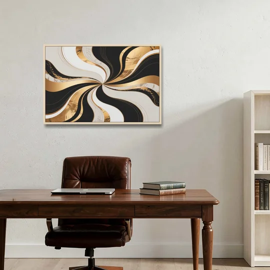 Elegant Interplay Black White and Gold Abstract - Oak Framed Canvas Wall Art - Office - 36x24
