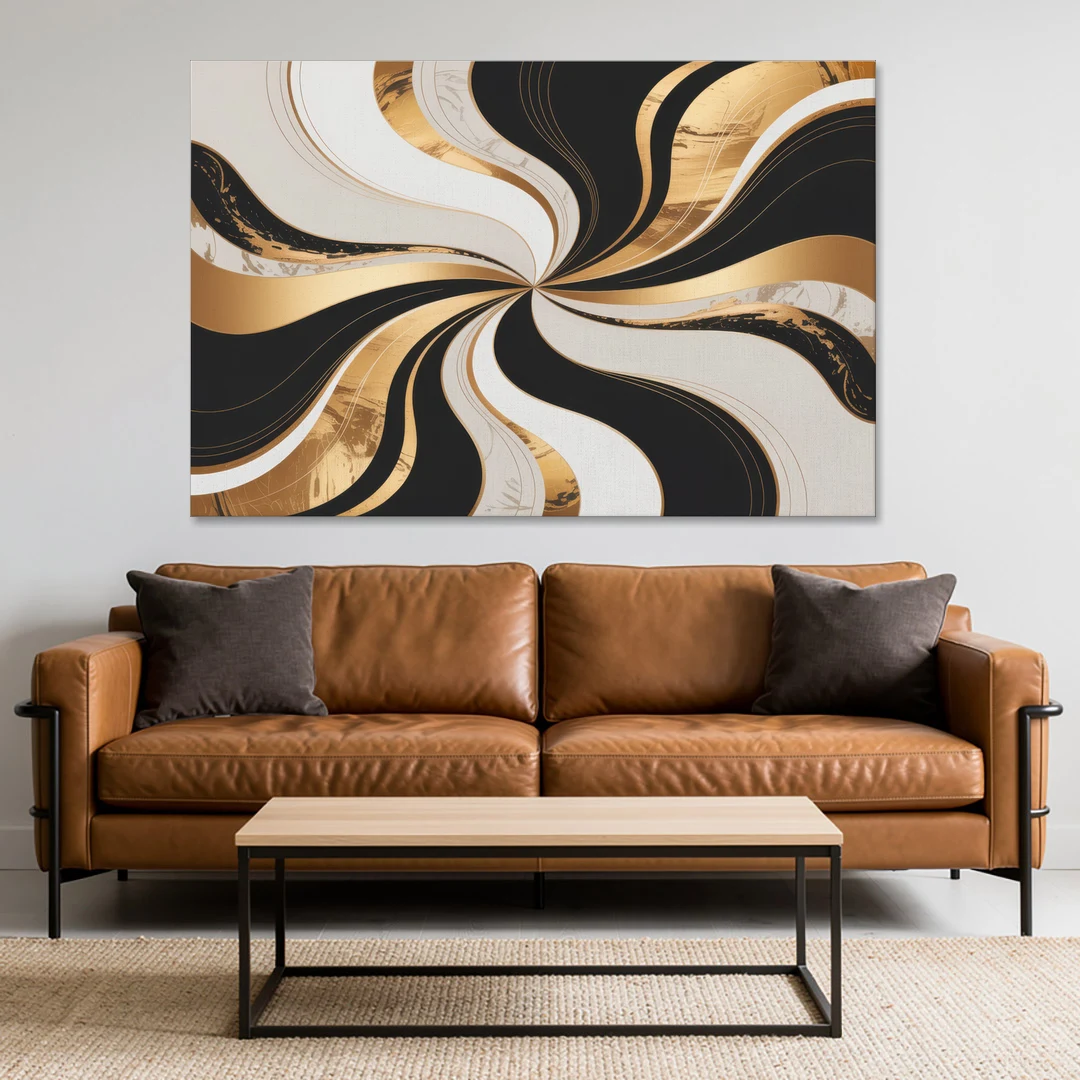 Elegant Interplay Black White and Gold Abstract - Canvas Wall Art - Sofa - 60x40