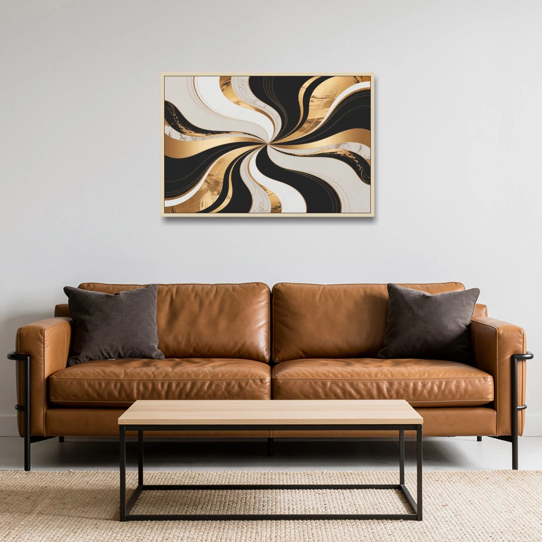 Elegant Interplay Black White and Gold Abstract - Oak Framed Canvas Wall Art - Sofa - 36x24