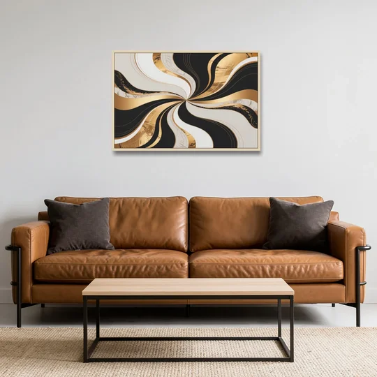 Elegant Interplay Black White and Gold Abstract - Oak Framed Canvas Wall Art - Sofa - 36x24