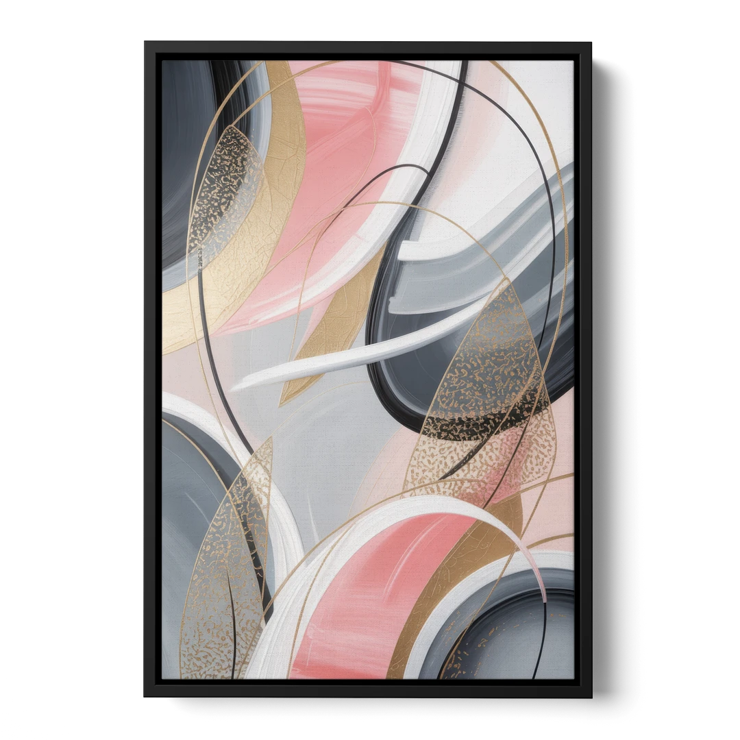 Elegant Opulence Pink and Grey Abstract - Black Framed Canvas Wall Art - Front