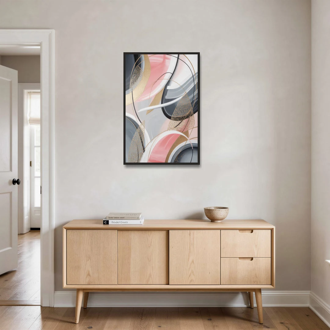 Elegant Opulence Pink and Grey Abstract - Black Framed Canvas Wall Art - Coffee Table - 24x36