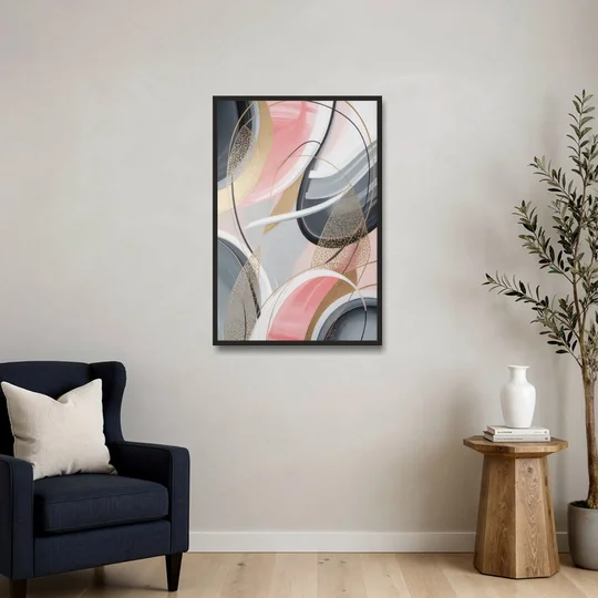 Elegant Opulence Pink and Grey Abstract - Black Framed Canvas Wall Art - Sofa - 24x36