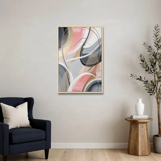 Elegant Opulence Pink and Grey Abstract - Oak Framed Canvas Wall Art - Sofa - 24x36
