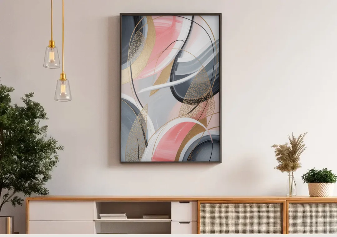 Elegant Opulence Pink and Grey Abstract canvas wall art above a wooden sideboard under pendant lights