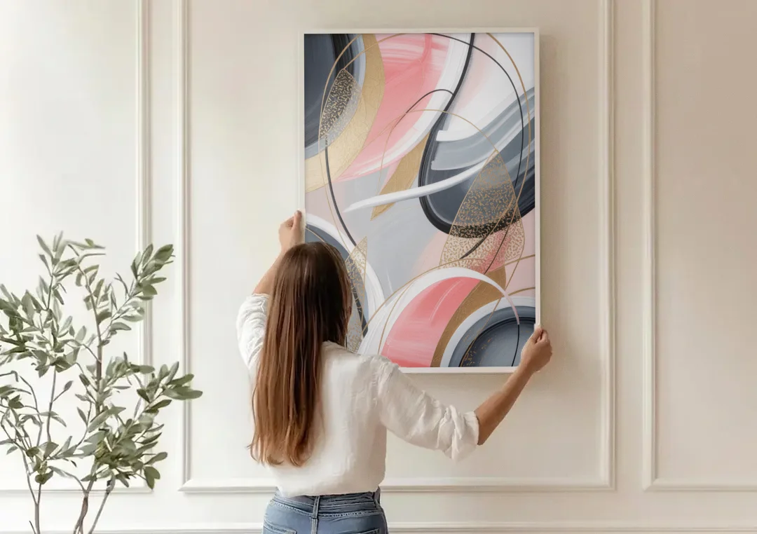Elegant Opulence Pink and Grey Abstract canvas wall art being hung on a paneled wall