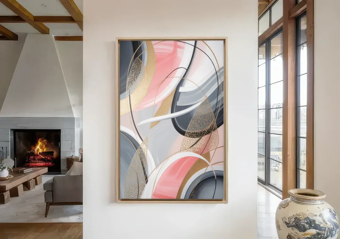 Elegant Opulence Pink and Grey Abstract canvas wall art in a living room with a fireplace