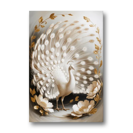 Elegant Peacock in White and Gold - Canvas Wall Art - Front