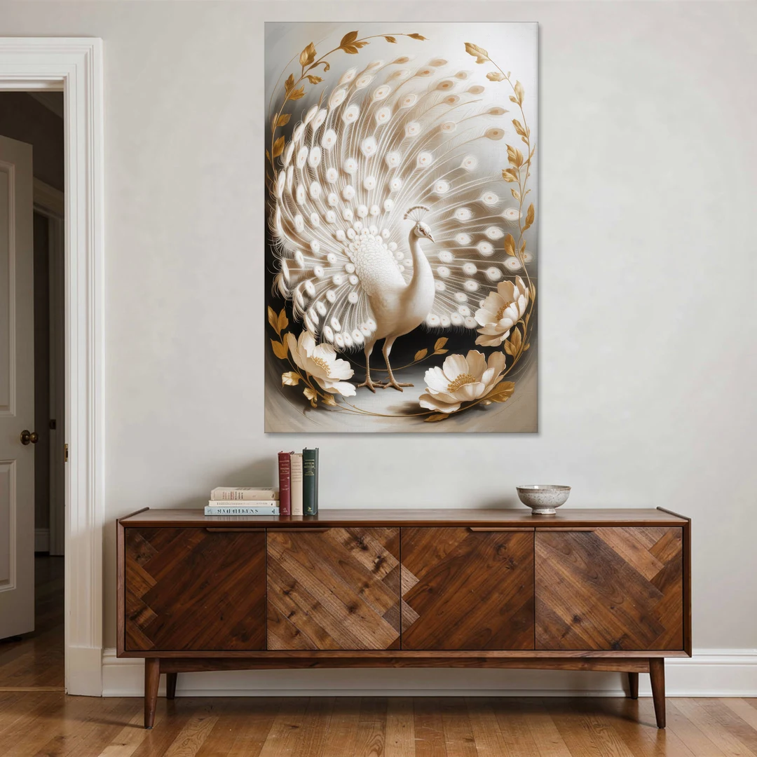 Elegant Peacock in White and Gold - Canvas Wall Art - Coffee Table - 40x60