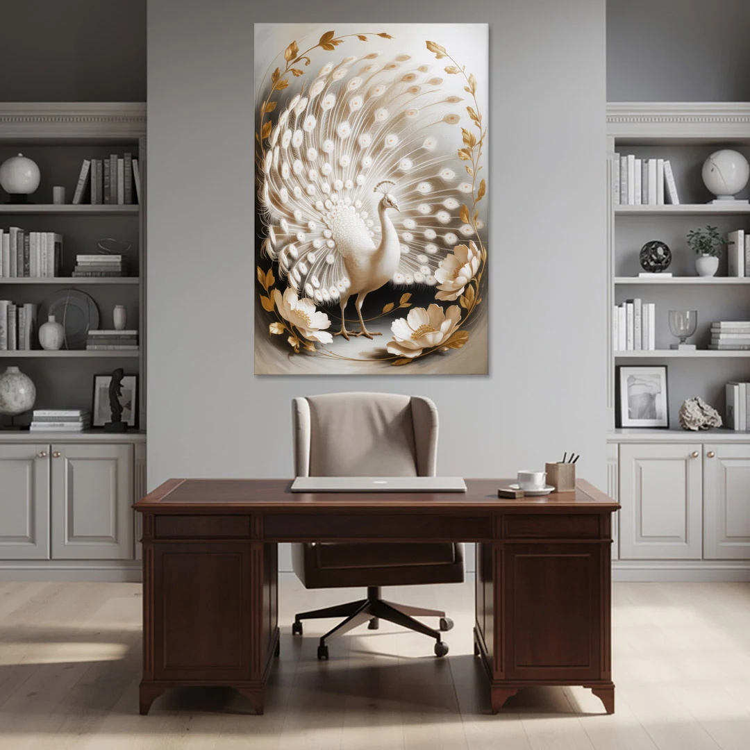 Elegant Peacock in White and Gold - Canvas Wall Art - Office - 40x60
